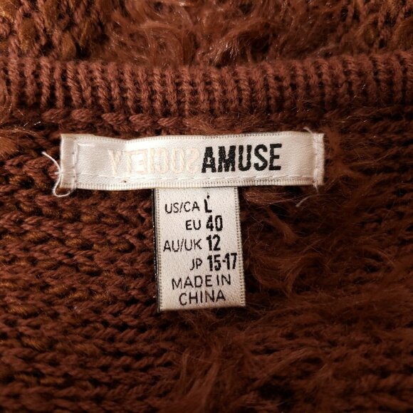 Amuse Juniors Brown Knit Sweater L Boho Fringed Lightweight Open Knit Womens - Picture 5 of 6